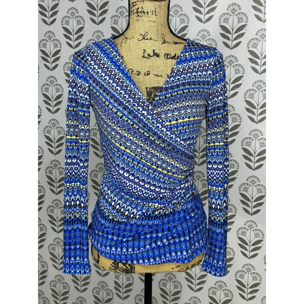 Cache Blue Geometric Ruched Wrap V-Neck Long Sleeve Knit Top XS Poly/Spandex
